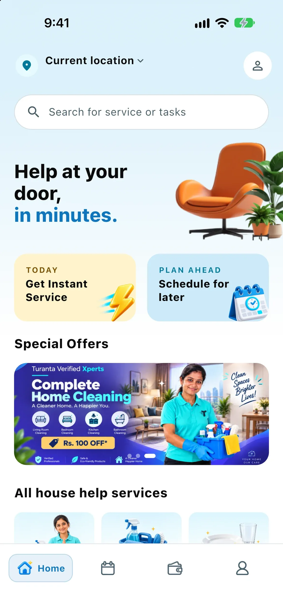 The Turanta app home screen with Instant and Schedule options and house help services