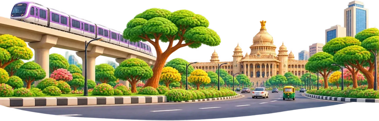 Clay illustration of a tree-lined Bangalore street with the Namma Metro and Vidhana Soudha
