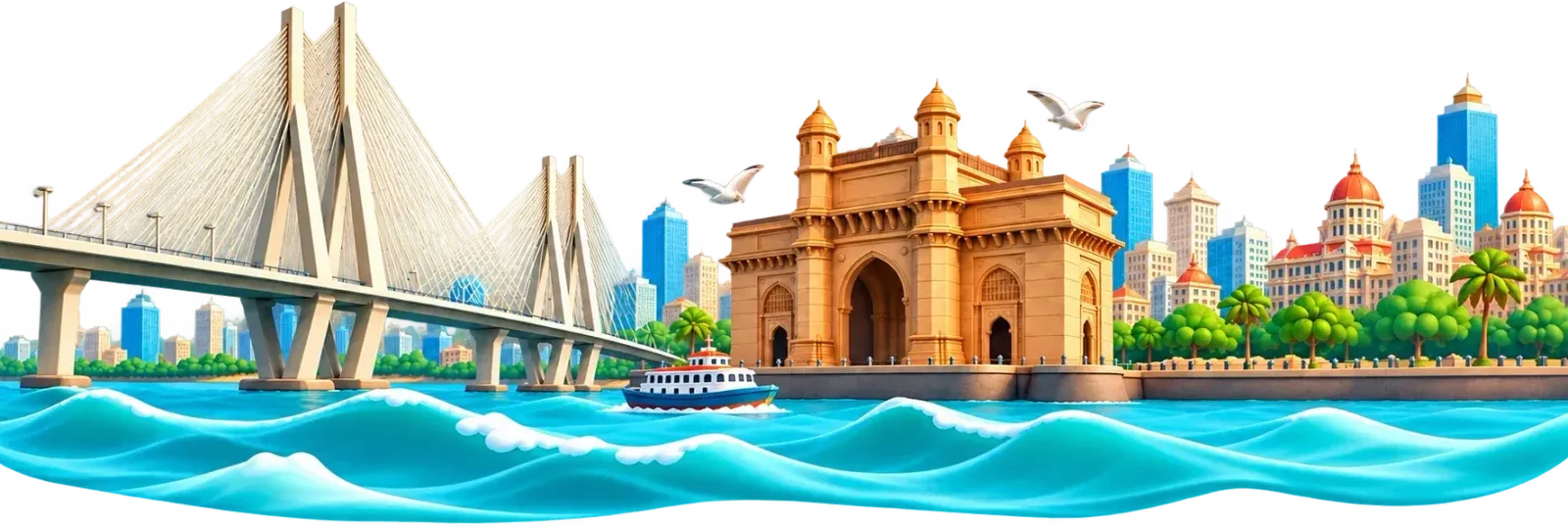Clay illustration of the Mumbai skyline with the Bandra-Worli Sea Link and the Gateway of India