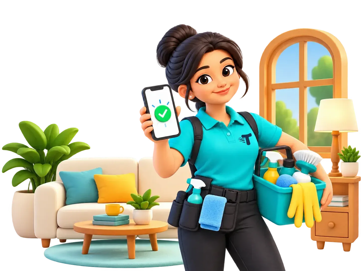Turanta Xpert in a cyan uniform holding a cleaning caddy and a phone showing a confirmed booking