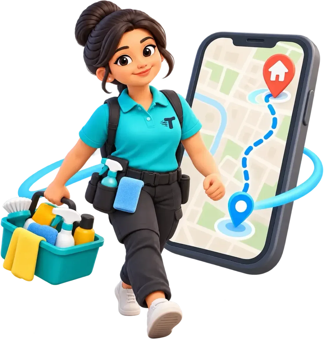 Turanta Xpert walking with a cleaning caddy next to a phone map showing her route to a house