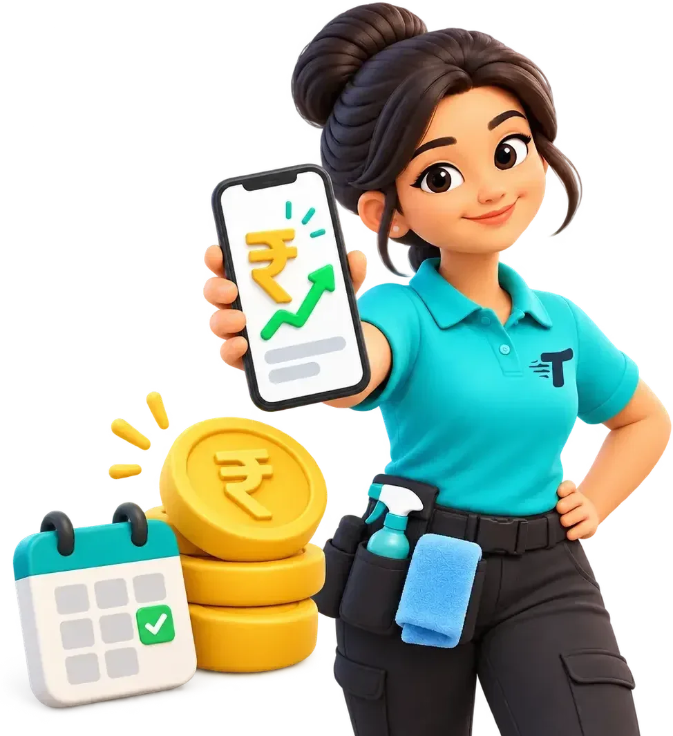 Turanta Xpert holding a phone that shows a rupee payout, next to a stack of coins and a calendar