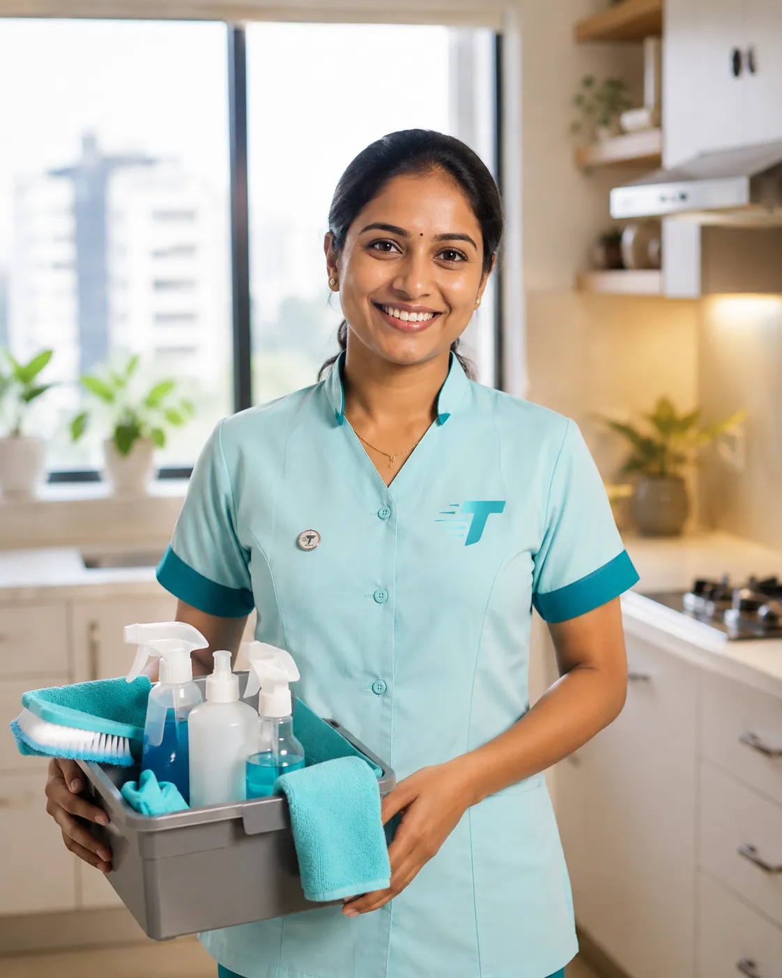 Verified Turanta home cleaning professional at work in a modern Mumbai apartment