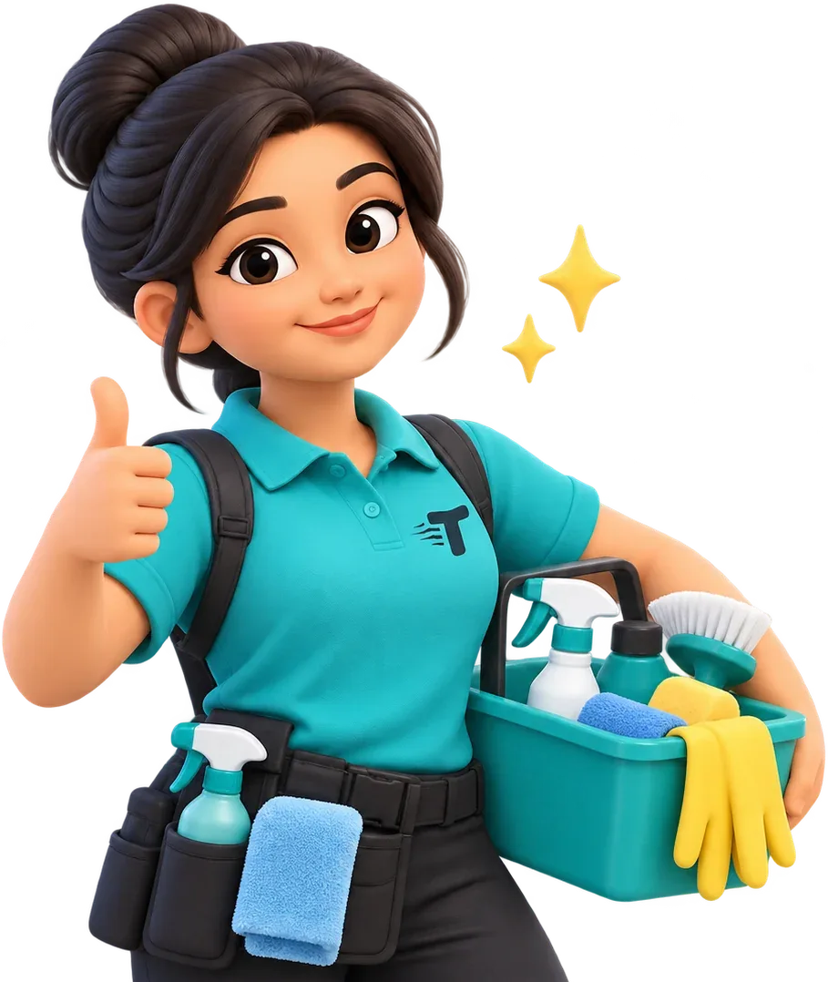 Turanta Xpert giving a thumbs up while holding a cleaning caddy